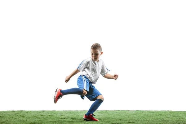 Niño aislado en blanco. jugador de fútbol — Foto de Stock