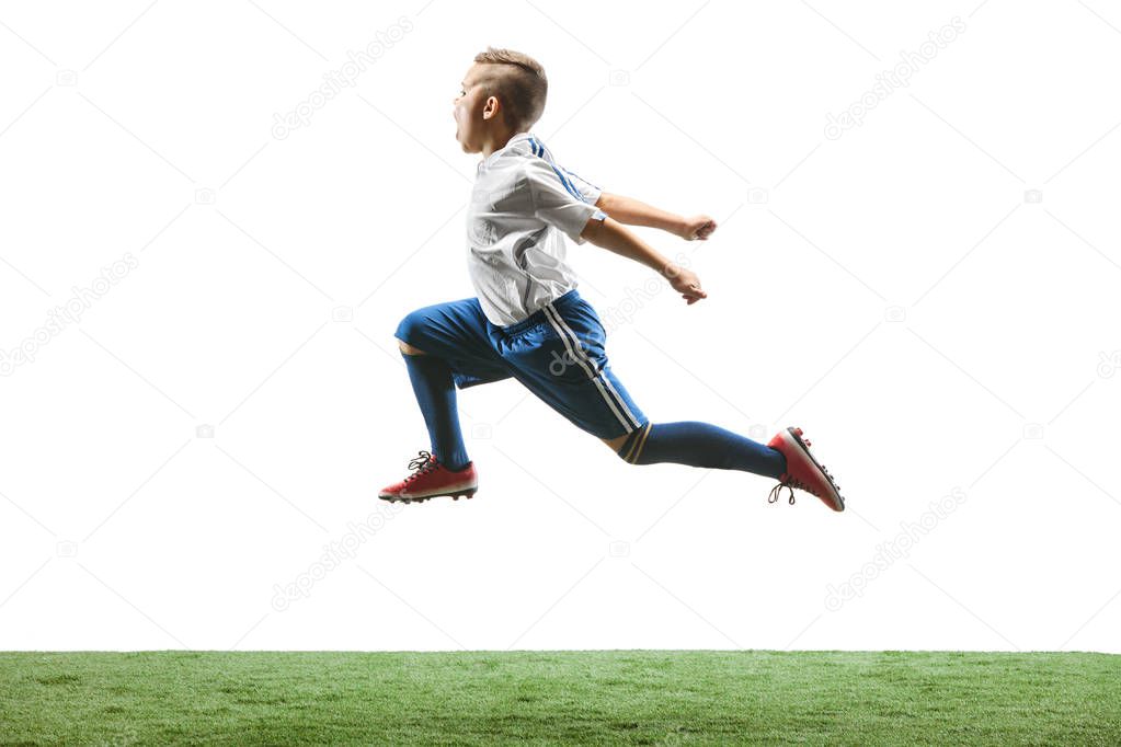 Young boy isolated on white. football player