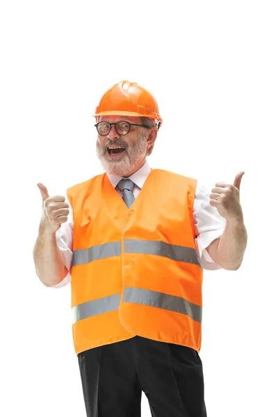 Konstruktor w pomarańczowy kask na białym tle — Zdjęcie stockowe