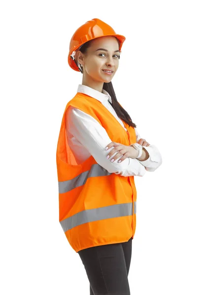 Le constructeur féminin en casque orange isolé sur blanc — Photo