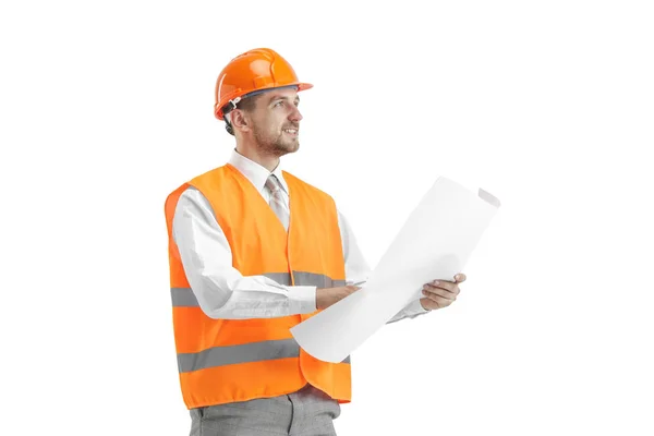 O construtor em capacete laranja isolado em branco — Fotografia de Stock