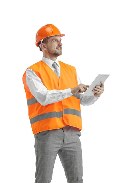 建筑工人在橙色头盔隔离在白色 — 图库照片