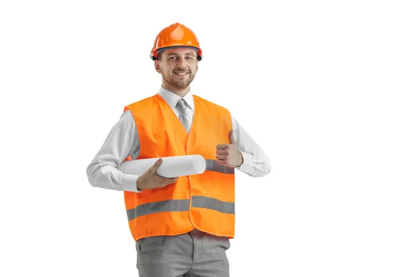 Der Erbauer in orangefarbenem Helm isoliert auf weißem — Stockfoto