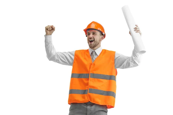 O construtor em capacete laranja isolado em branco — Fotografia de Stock