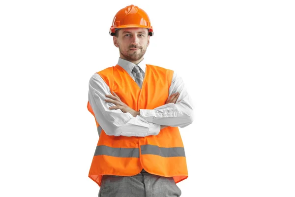 The builder in orange helmet isolated on white — Stock Photo, Image