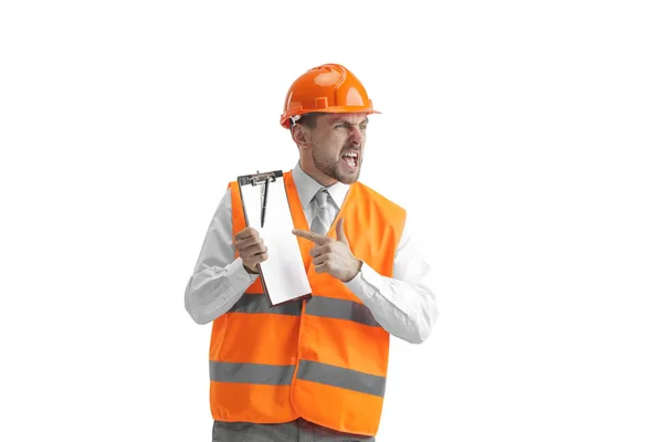 Le constructeur en casque orange isolé sur blanc — Photo