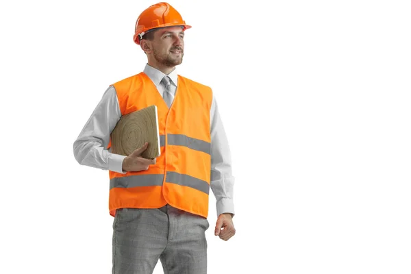 Il costruttore in casco arancione isolato su bianco — Foto Stock