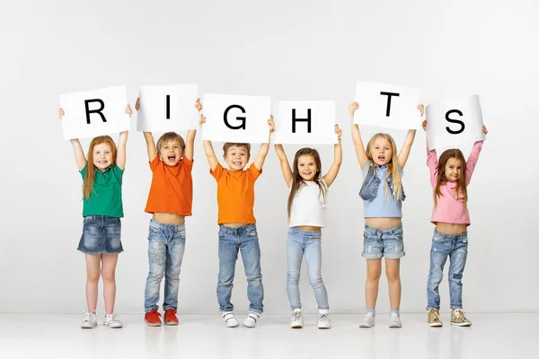 Права. Група дітей з банерами ізольовані в білому — стокове фото