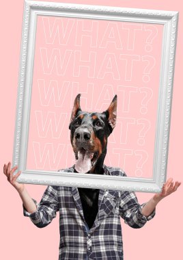 Çağdaş sanat kolaj veya şaşırmış köpek başlı adam portresi. Modern tarz pop sanat zine kültür kavramı.