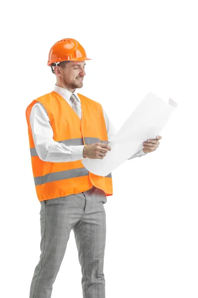 O construtor em capacete laranja isolado em branco — Fotografia de Stock