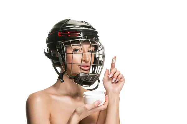 Kobiece hokeista w kasku i maski — Zdjęcie stockowe