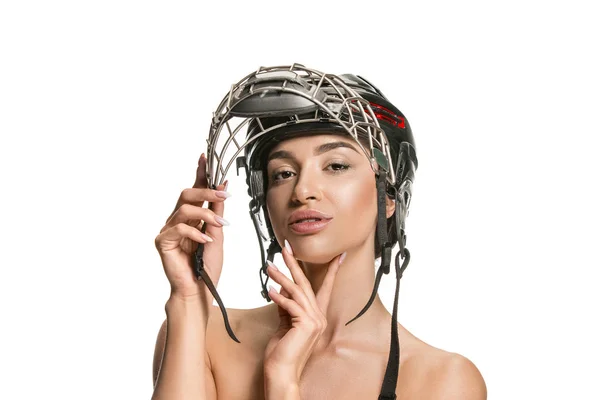 Female hockey player close up helmet and mask — Stock Photo, Image