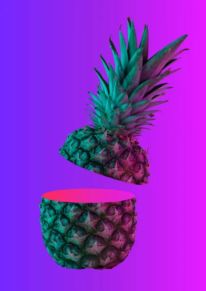 Een neon ananas. Moderne design. Hedendaagse kunst-collage. — Stockfoto