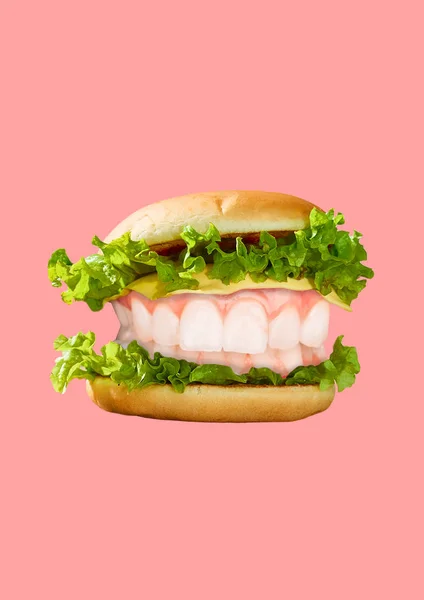 Collage de arte moderno. Hamburguesa y dientes blancos —  Fotos de Stock