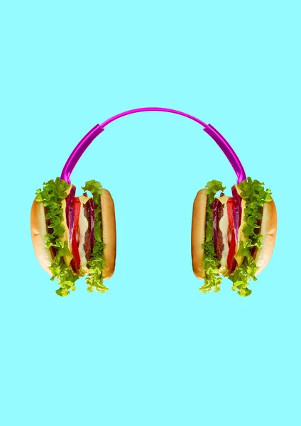 Hamburger und Kopfhörer. modernes Design. Collage zeitgenössischer Kunst. — Stockfoto