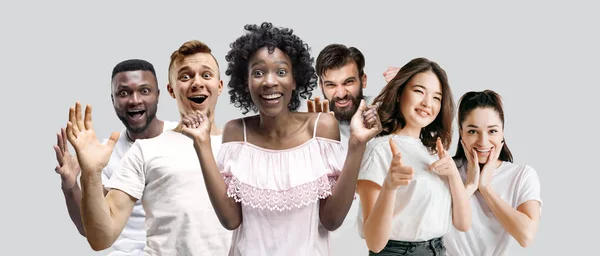 The collage of faces of surprised people on white backgrounds. — Stock Photo, Image