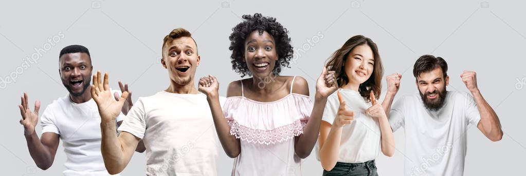 The collage of faces of surprised people on white backgrounds.