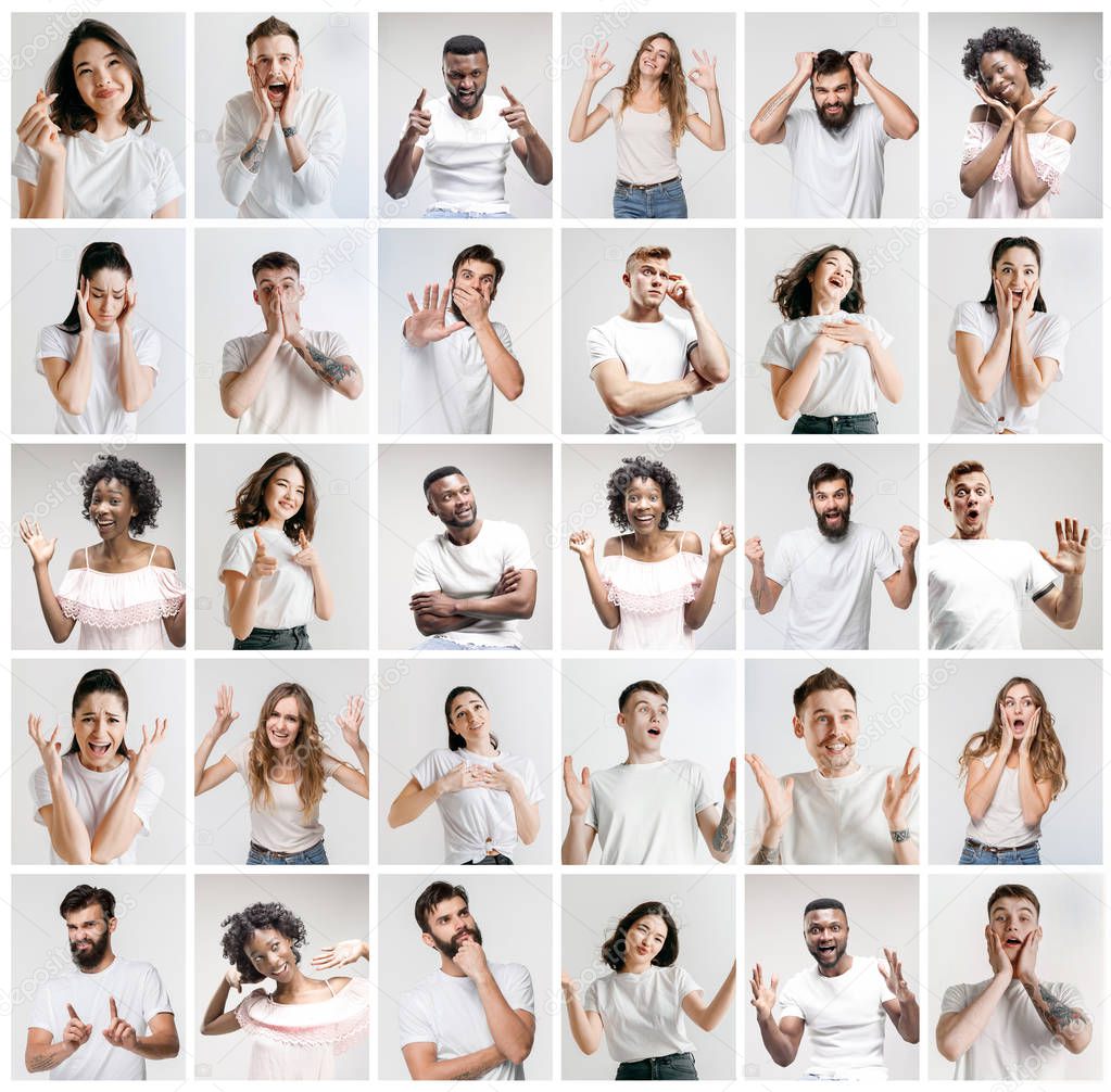 The collage of faces of surprised people on white backgrounds.