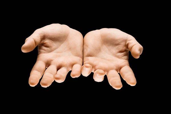 Male hands demonstrating a gesture of getting touch isolated on gray background