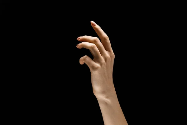 Main féminine démontrant un geste de toucher isolé sur fond gris — Photo