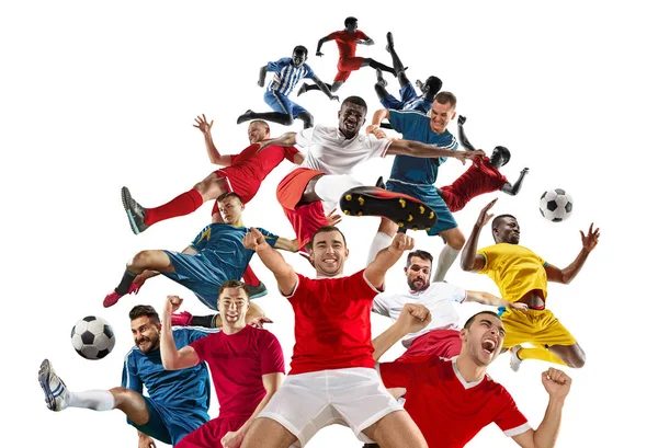 Professional men - football soccer players with ball isolated white studio background