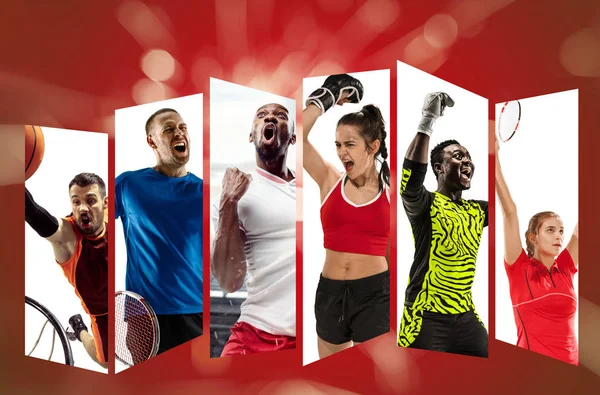 Young sport team against red background, collage — Stock Photo, Image