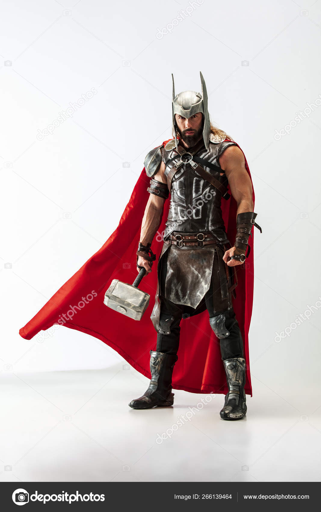 Man In Cosplaying Thor Isolated On White Studio Background Stock