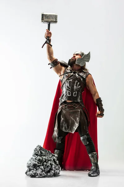 Man in cosplaying Thor isolated on white studio background — Stock Photo, Image