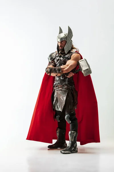 Man in cosplaying Thor isolated on white studio background — Stock Photo, Image