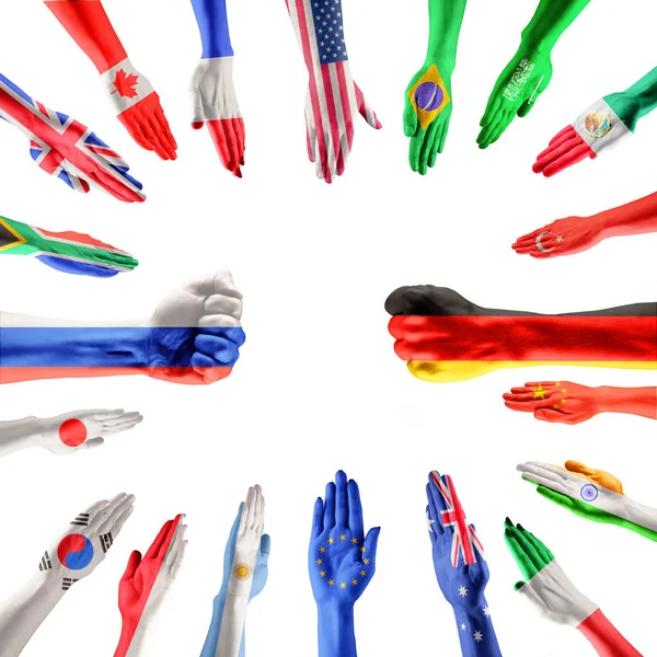 Hands colored in flags of participating countries of The Group of Twenty — Stock Photo, Image