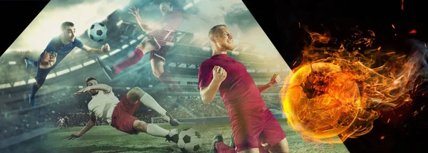 Cerrar pelota de fútbol en el fuego y los jugadores de fútbol. collage creativo — Foto de Stock