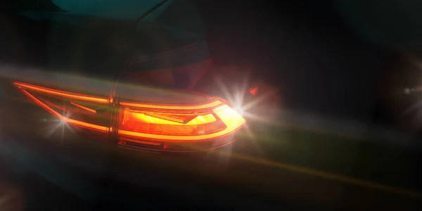 Headlight of a modern car in dense fog against dark background — Stock Photo, Image