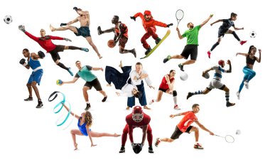 Kadın sporcular veya oyuncular hakkında spor kolaj. Tenis, koşu, badminton, voleybol.