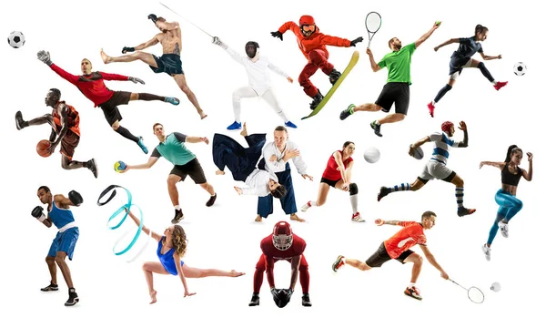 Sportcollage über Sportlerinnen oder Spielerfrauen. Tennis, Laufen, Badminton, Volleyball. — Stockfoto