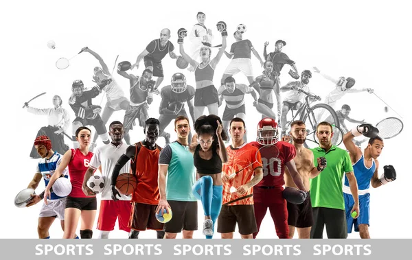 Kadın sporcular veya oyuncular hakkında spor kolaj. Tenis, koşu, badminton, voleybol. — Stok fotoğraf