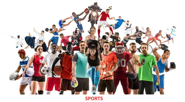 Sportcollage über Sportlerinnen oder Spielerfrauen. Tennis, Laufen, Badminton, Volleyball. — Stockfoto