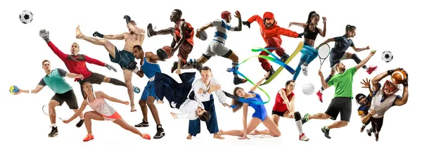 Sport collage over atleten of spelers. Tennis, hardlopen, badminton, volleybal. — Stockfoto