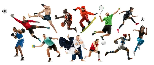 Sport kollázs a sportolók vagy a játékosok. Tenisz, futás, tollaslabda, röplabda. — Stock Fotó