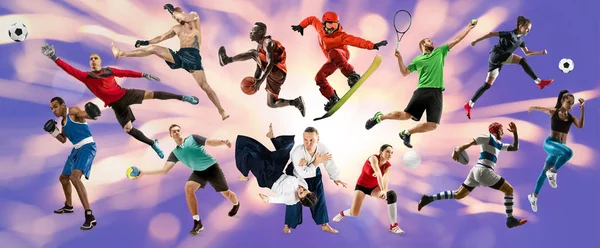 Sportcollage über Sportler oder Spieler. Tennis, Laufen, Badminton, Volleyball. — Stockfoto