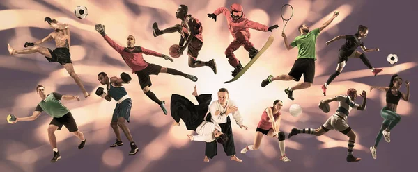 Collage deportivo sobre atletas o jugadores. El tenis, correr, bádminton, voleibol . — Foto de Stock