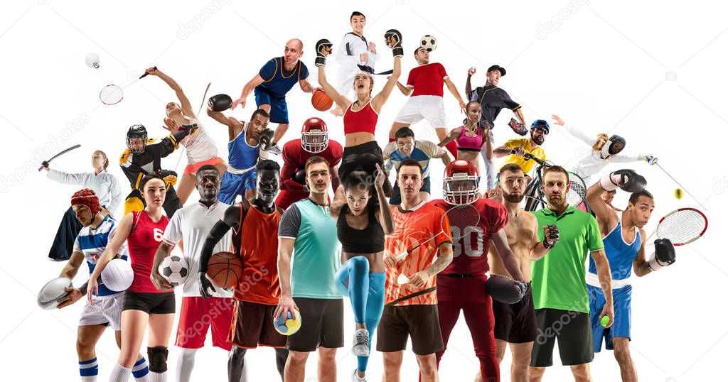 Sport collage about female athletes or players. The tennis, running, badminton, volleyball.