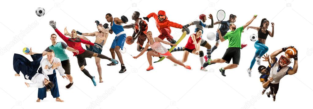 Sport collage about athletes or players. The tennis, running, badminton, volleyball.