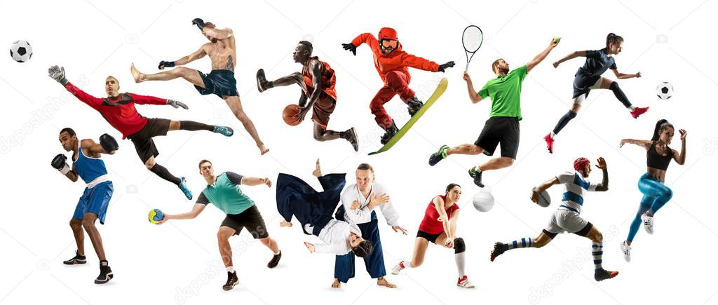 Sport collage about athletes or players. The tennis, running, badminton, volleyball.