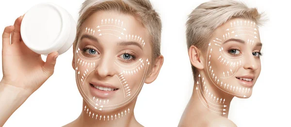 Bellissimo viso femminile, concetto di cura della pelle e sollevamento — Foto Stock
