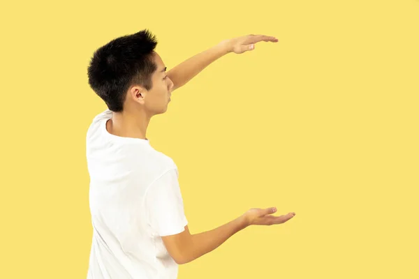 Koreli genç adamın sarı arka plan üzerine yarım uzunlukta portresi — Stok fotoğraf