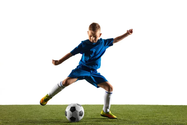 小男孩作为足球或足球运动员在白色演播室背景 — 图库照片