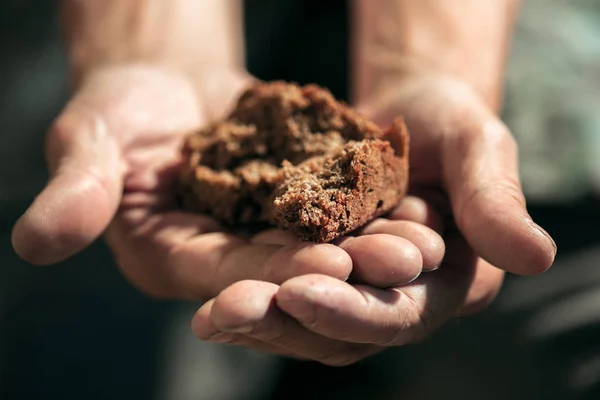 Männliche Bettlerhände auf der Suche nach Essen oder Geld am öffentlichen Weg — Stockfoto