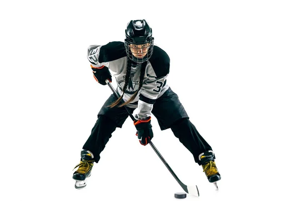 Young female hockey player with the stick isolated on white background — Stock Photo, Image