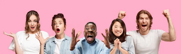 Half-length close up portrait of young people on pink background. — Stock Photo, Image