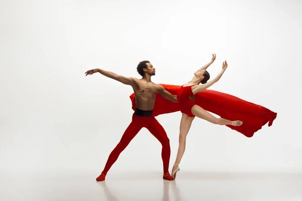 Jovem casal gracioso de dançarinos de balé dançando no fundo do estúdio branco — Fotografia de Stock